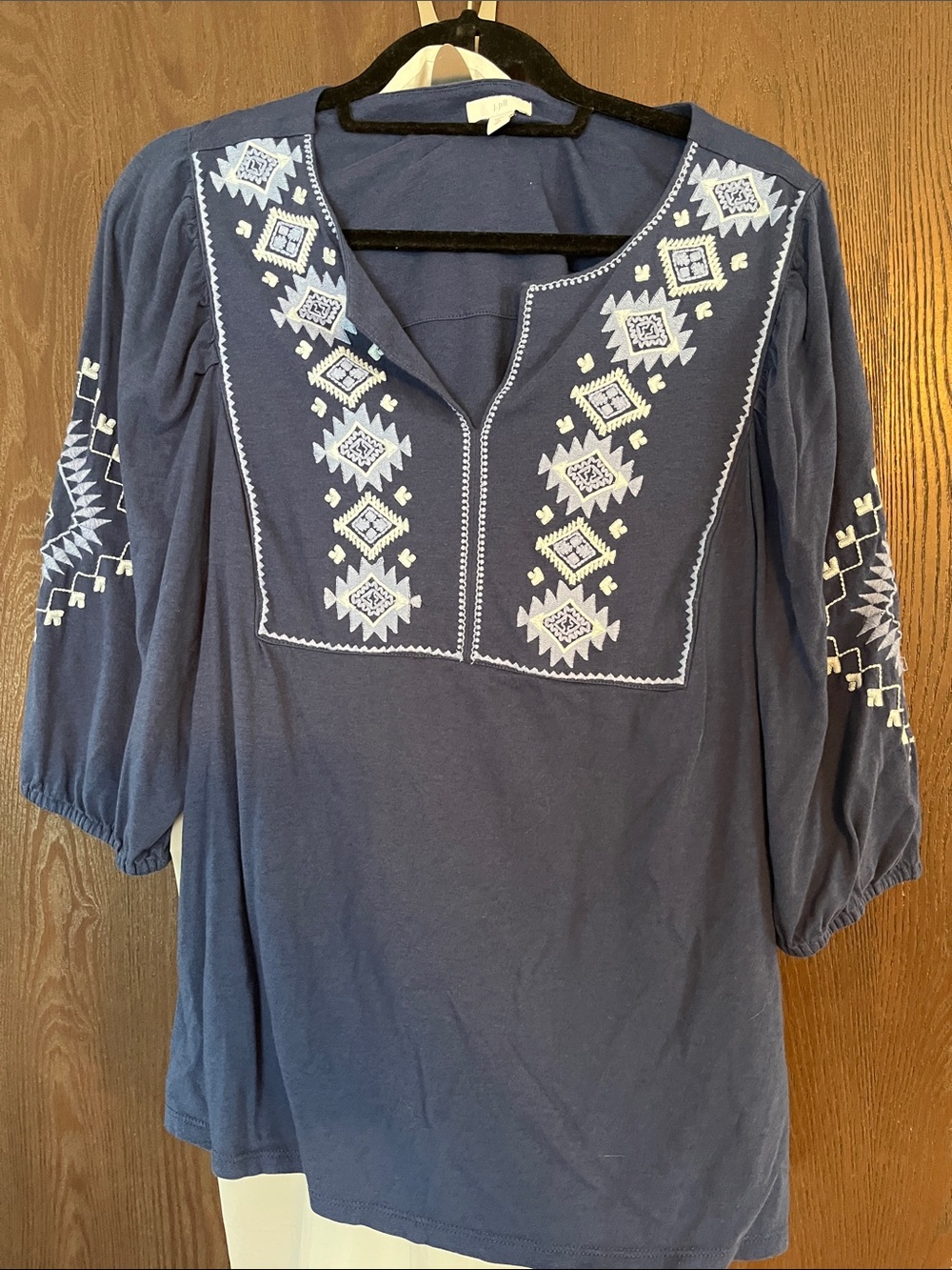 J. Jill Navy Top with White Embroidered Yoke and sleeves